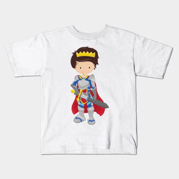 Prince, King, Knight, Sword, Crown, Brown Hair Kids T-Shirt by Jelena Dunčević